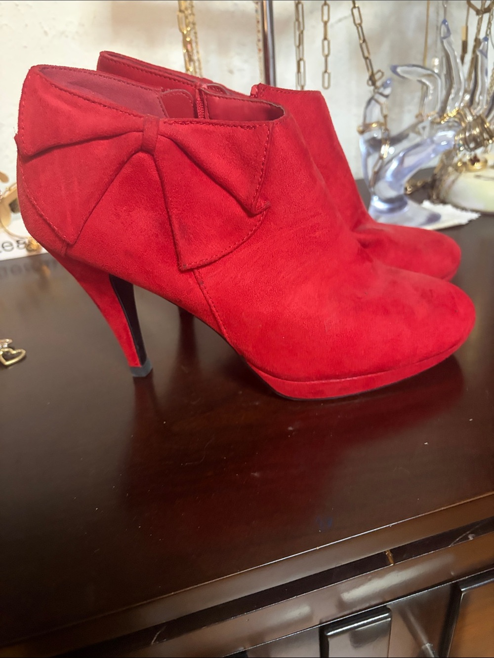 Impo Red Suede Bow Ankle Booties